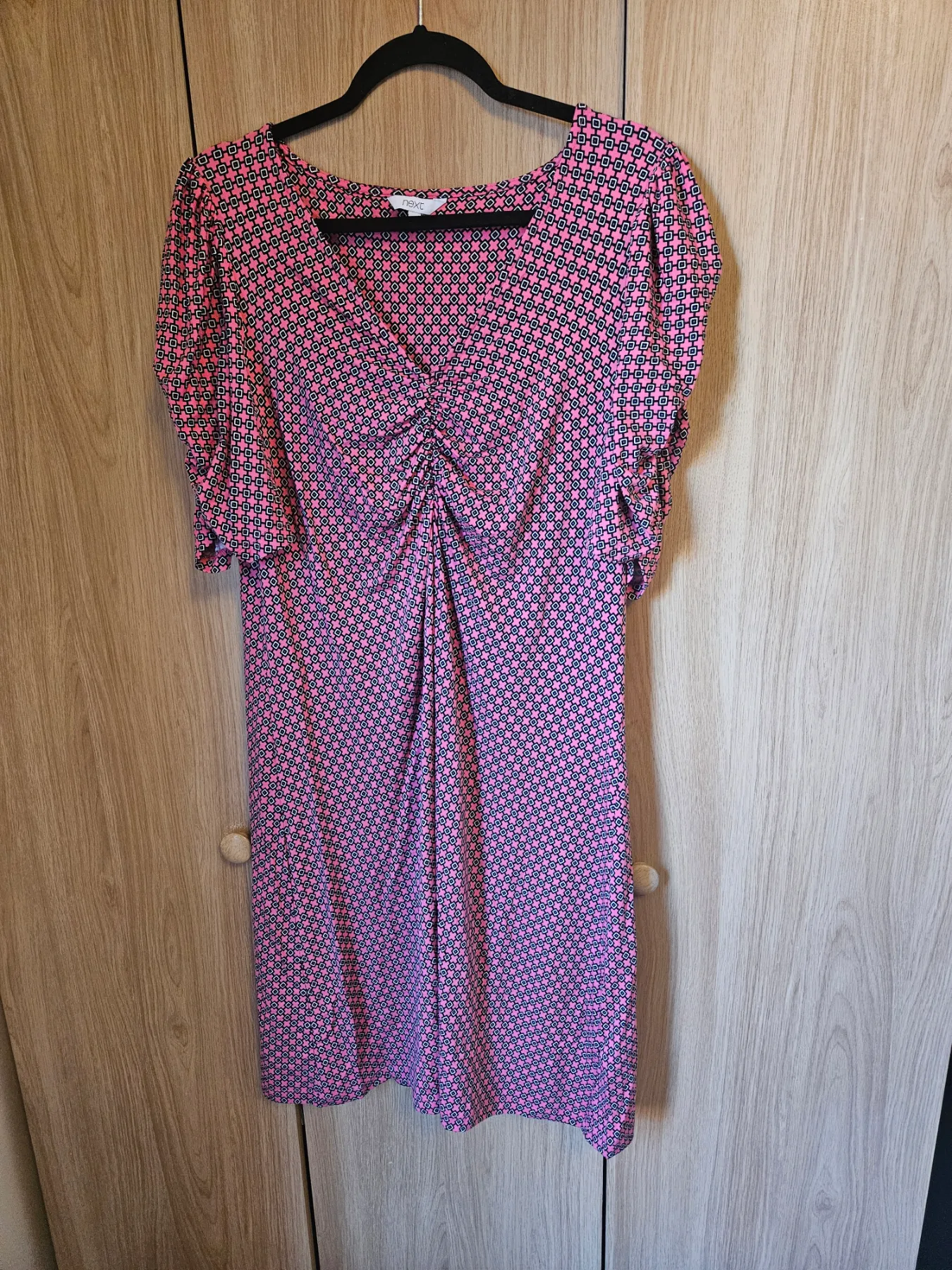 Next Tea Dress Viscose Elastane Retro Geometric Mod Bold Vibrant Size 16 Pink