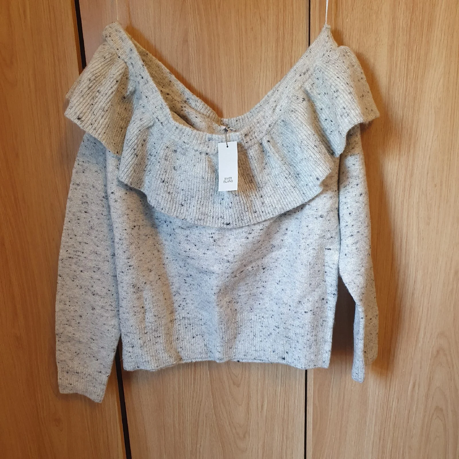 River Island Paris Texas Ruffle Bardot Jumper Boho Glam Size 14 Grey