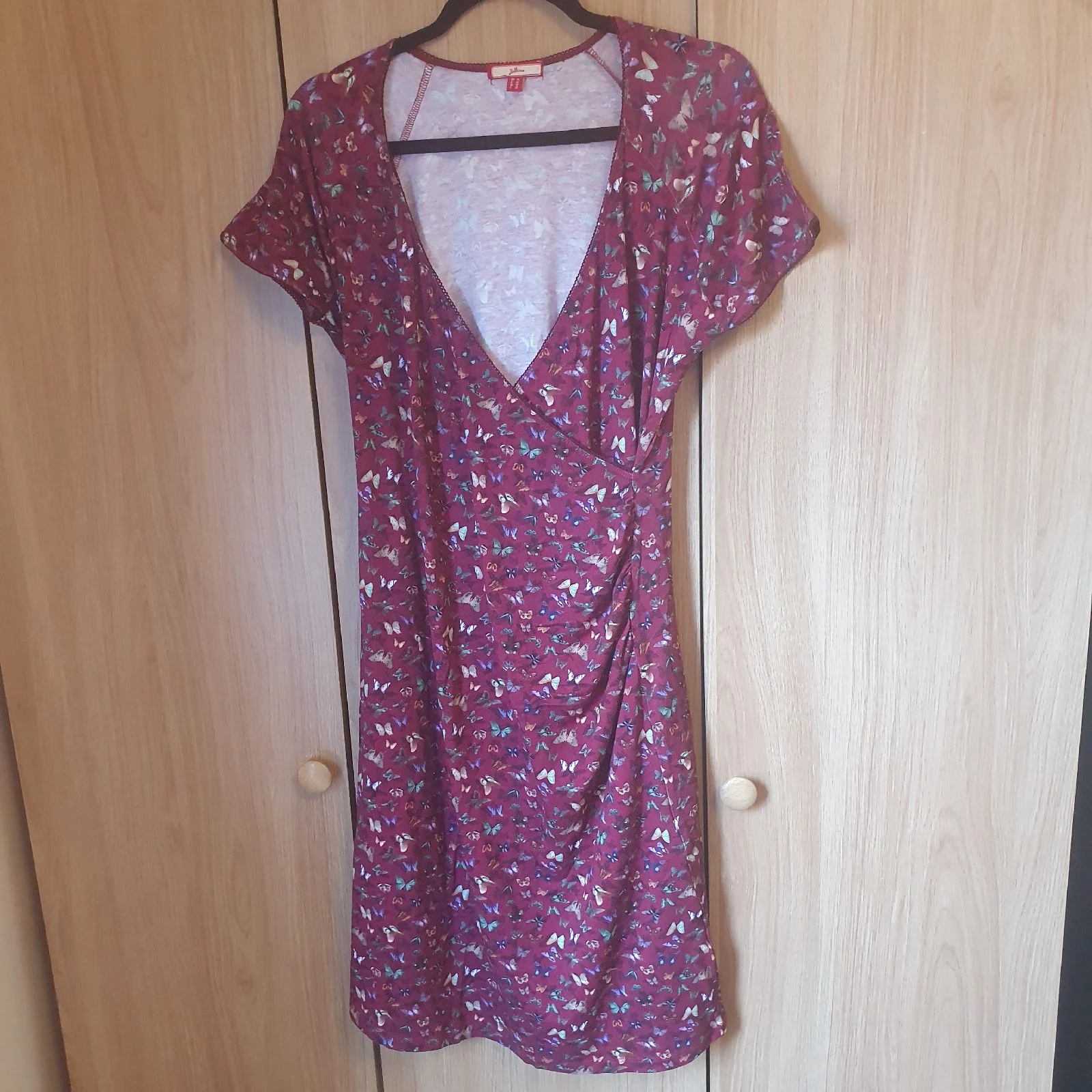 Joe Browns Dress Viscose Elastane Butterfly Whimsical Boho Size 14 Burgundy