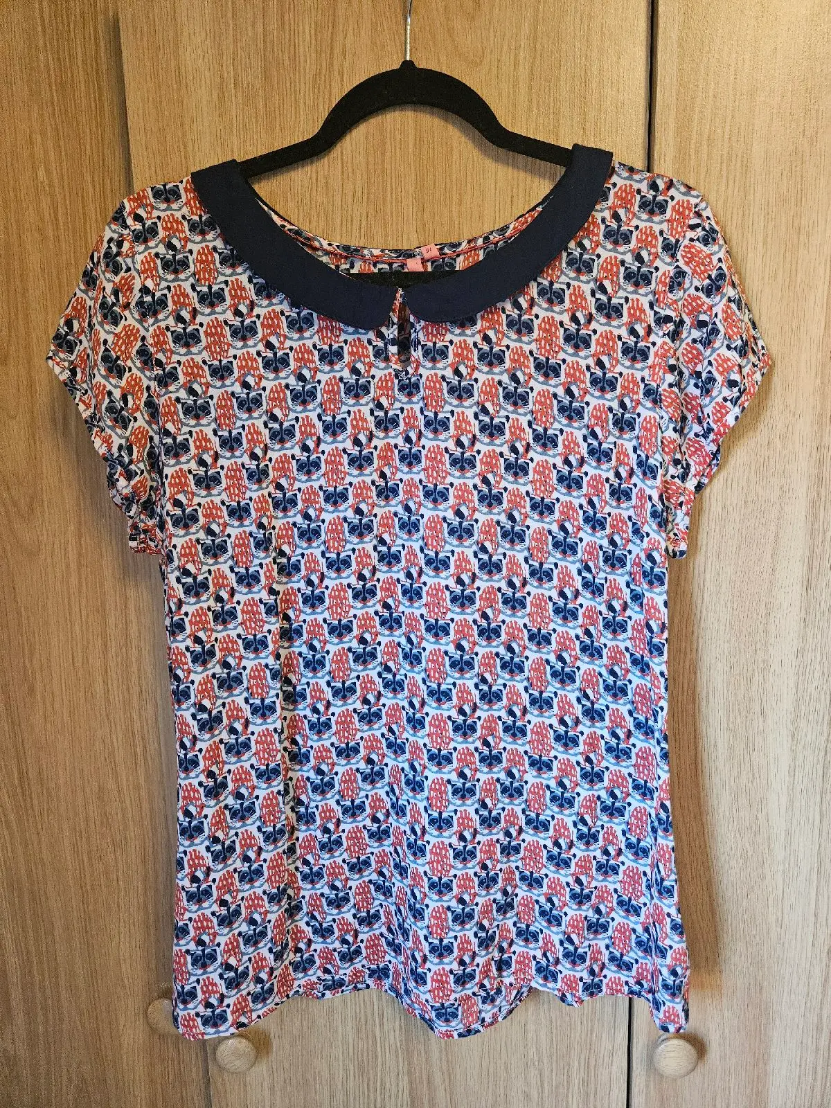 White Stuff Blouse 100% Modal Quirky Twee Retro Racoons Whimsical Size 16 Blue