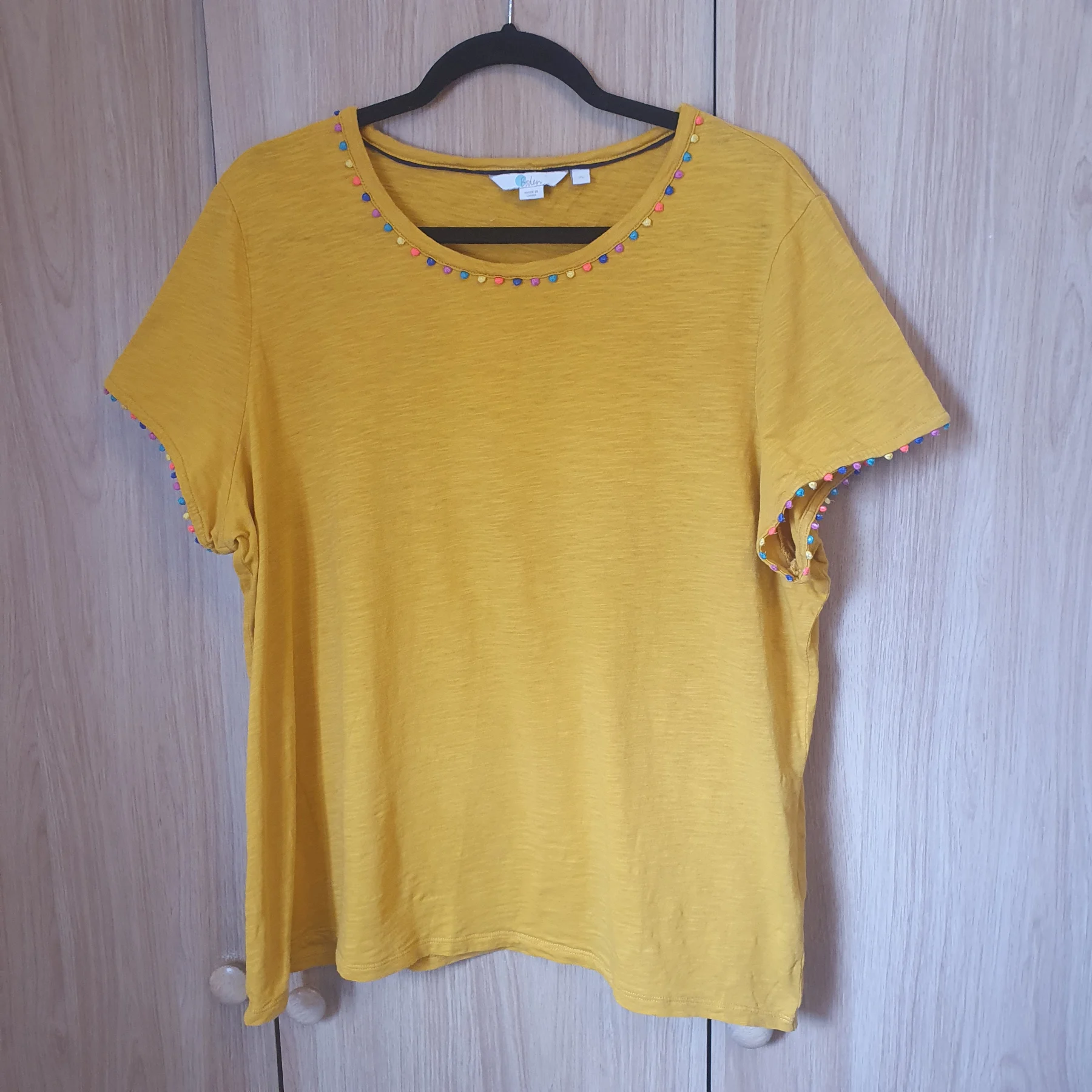 Boden T-shirt 100% Cotton Pom Pom Vibrant Boho Summer Size XL Yellow