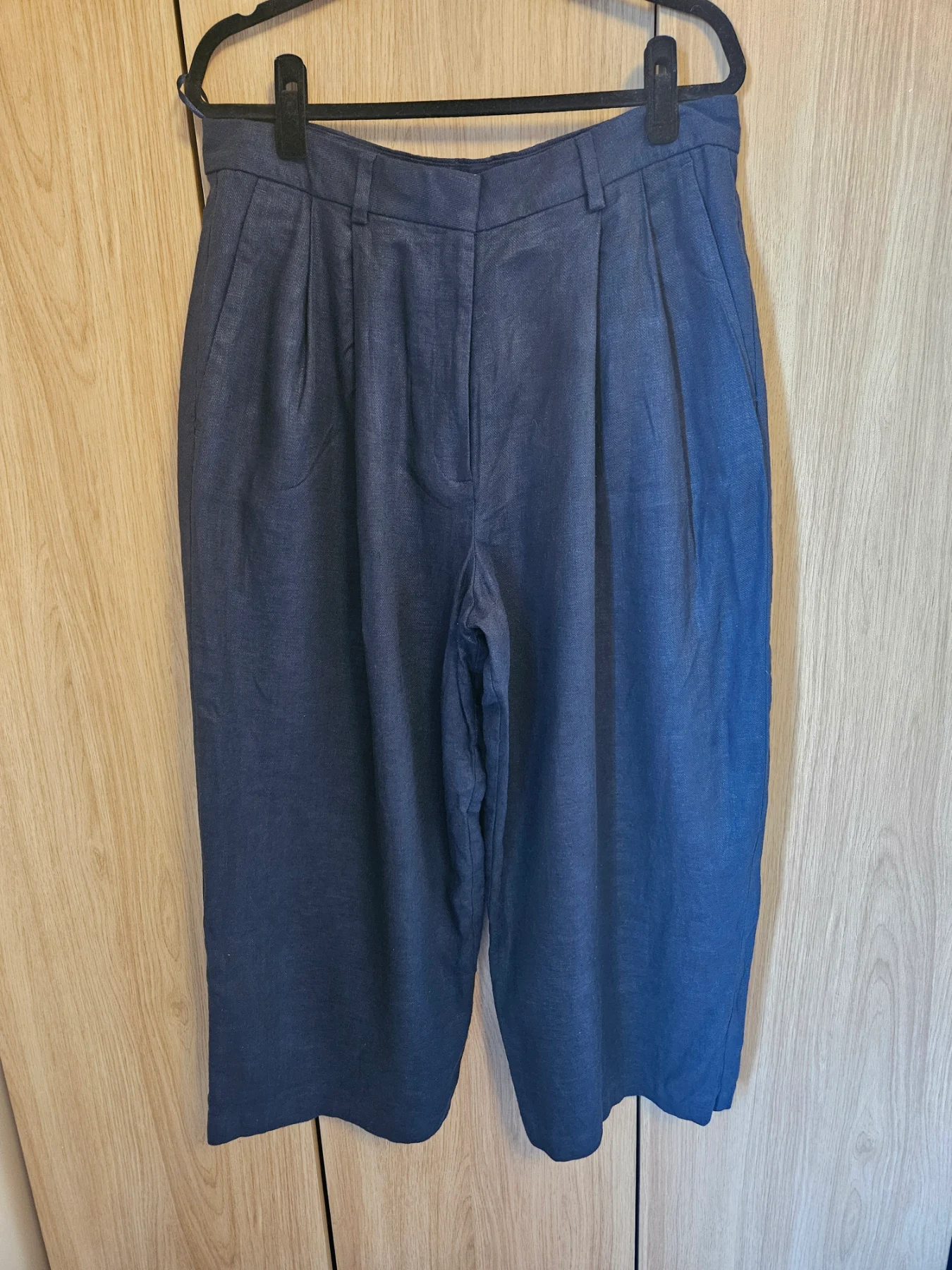 Marks and Spencers Barrel Leg Linen Blend Trousers Minamalist UK 16 Petite Navy