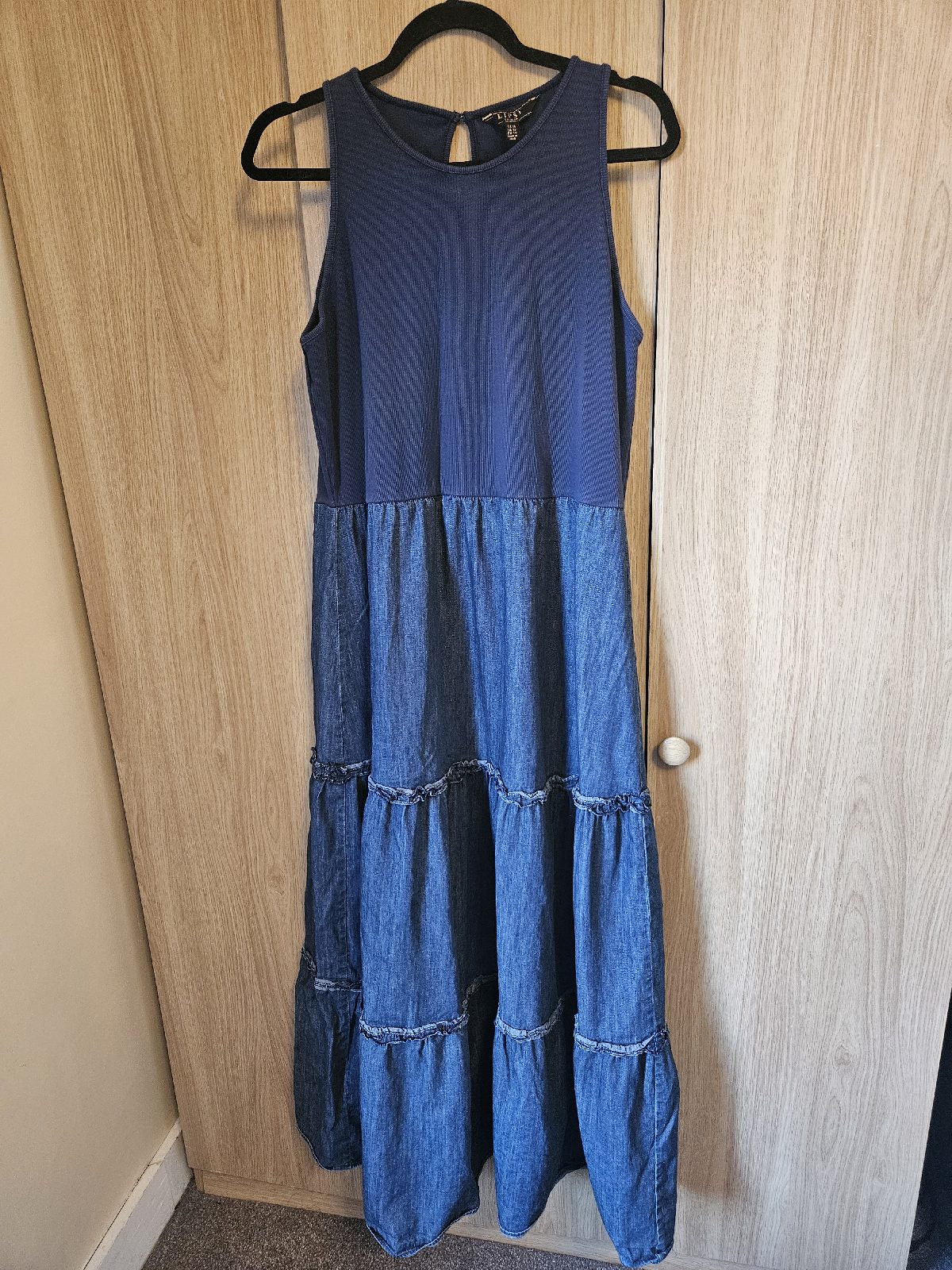 Lipsy London Denim Maxi Dress Boho Casual Hippie Festival Folk Size 16 Blue