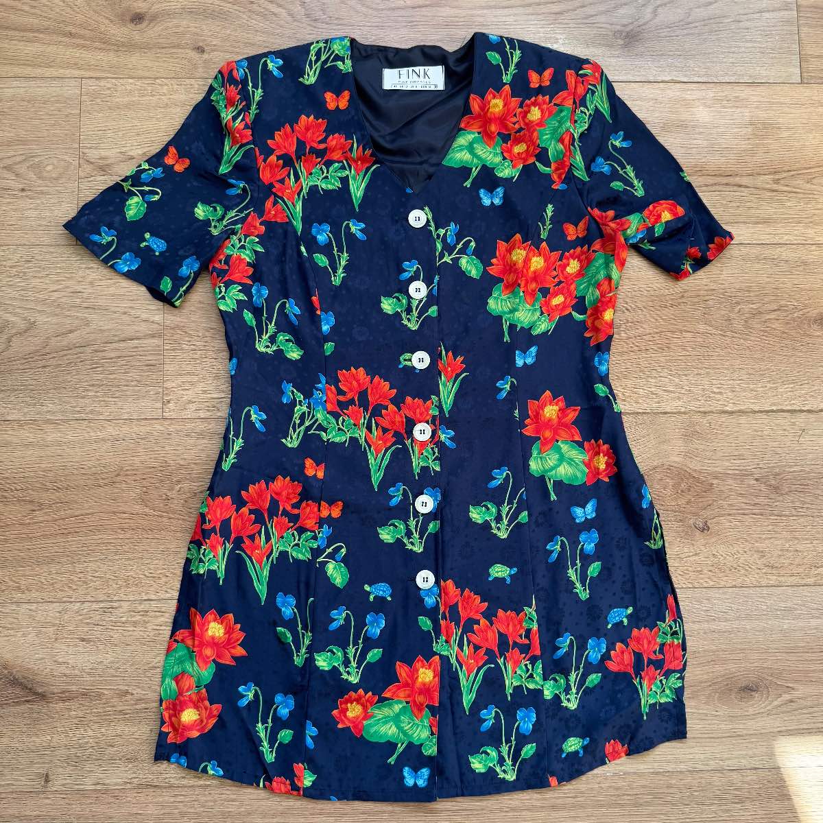 Gorgeous Vintage Navy Blue Silk Fink Red Floral Mini Dress/Long Shirt Size 12