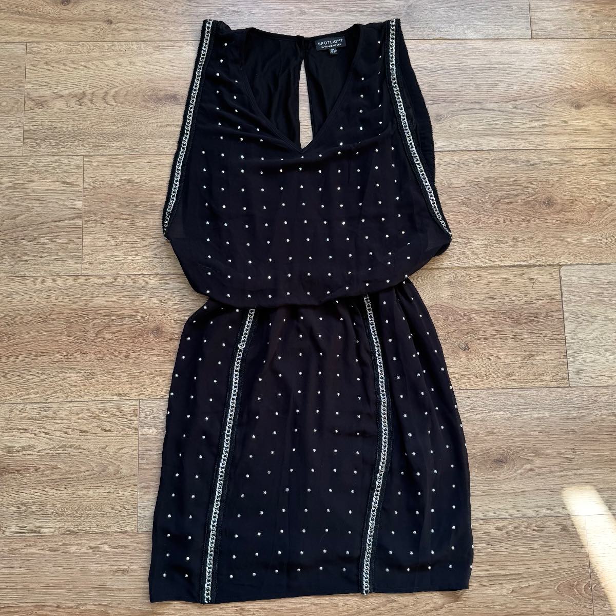 Warehouse Silver Chain & Stud Detail Black Party Sleeveless Mini Blouson Dress Size 8
