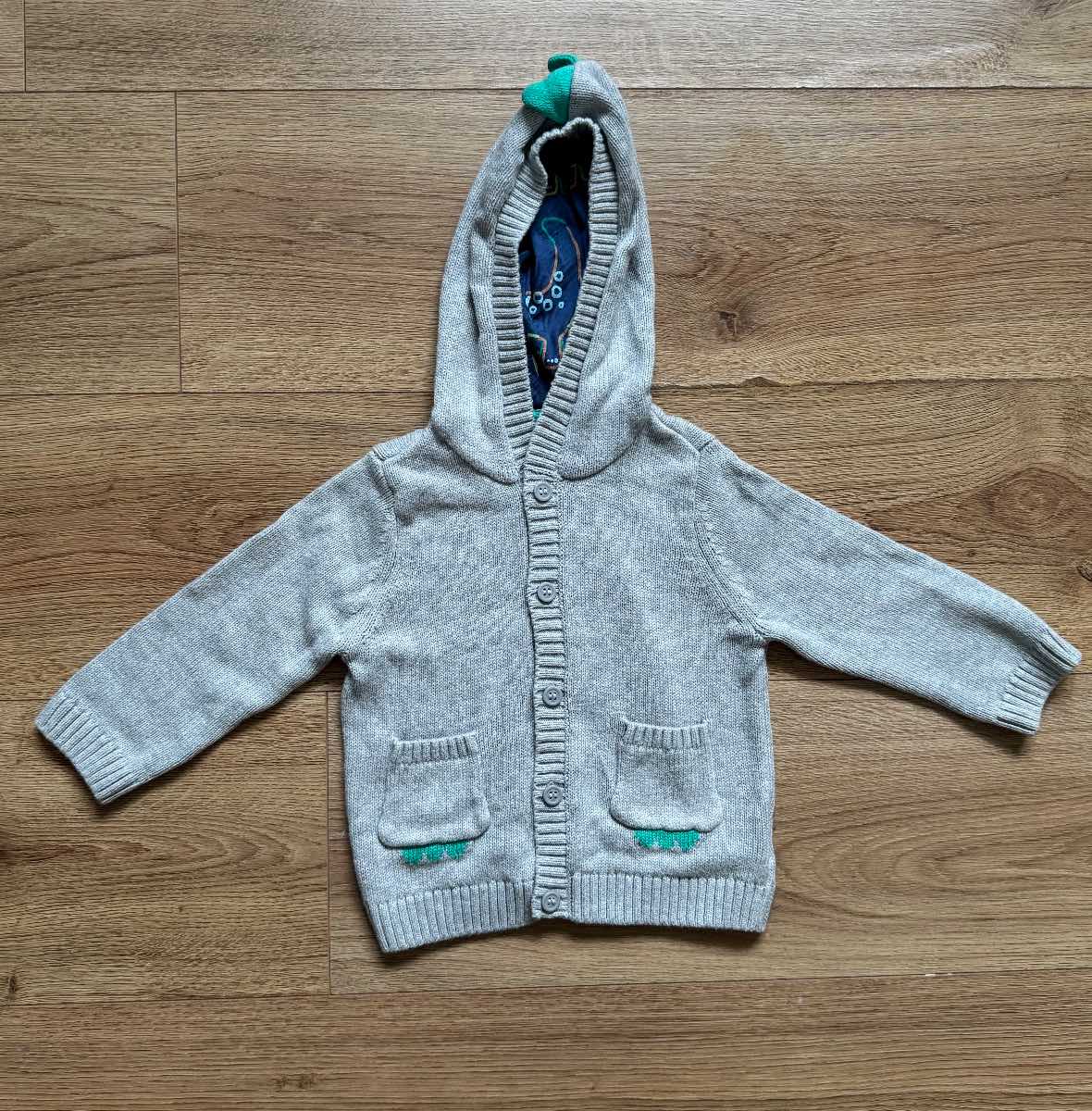 Mothercare Baby Boy Cotton Cozy Grey Knitted Dinosaur cardigan Hoodie 6-9 Months