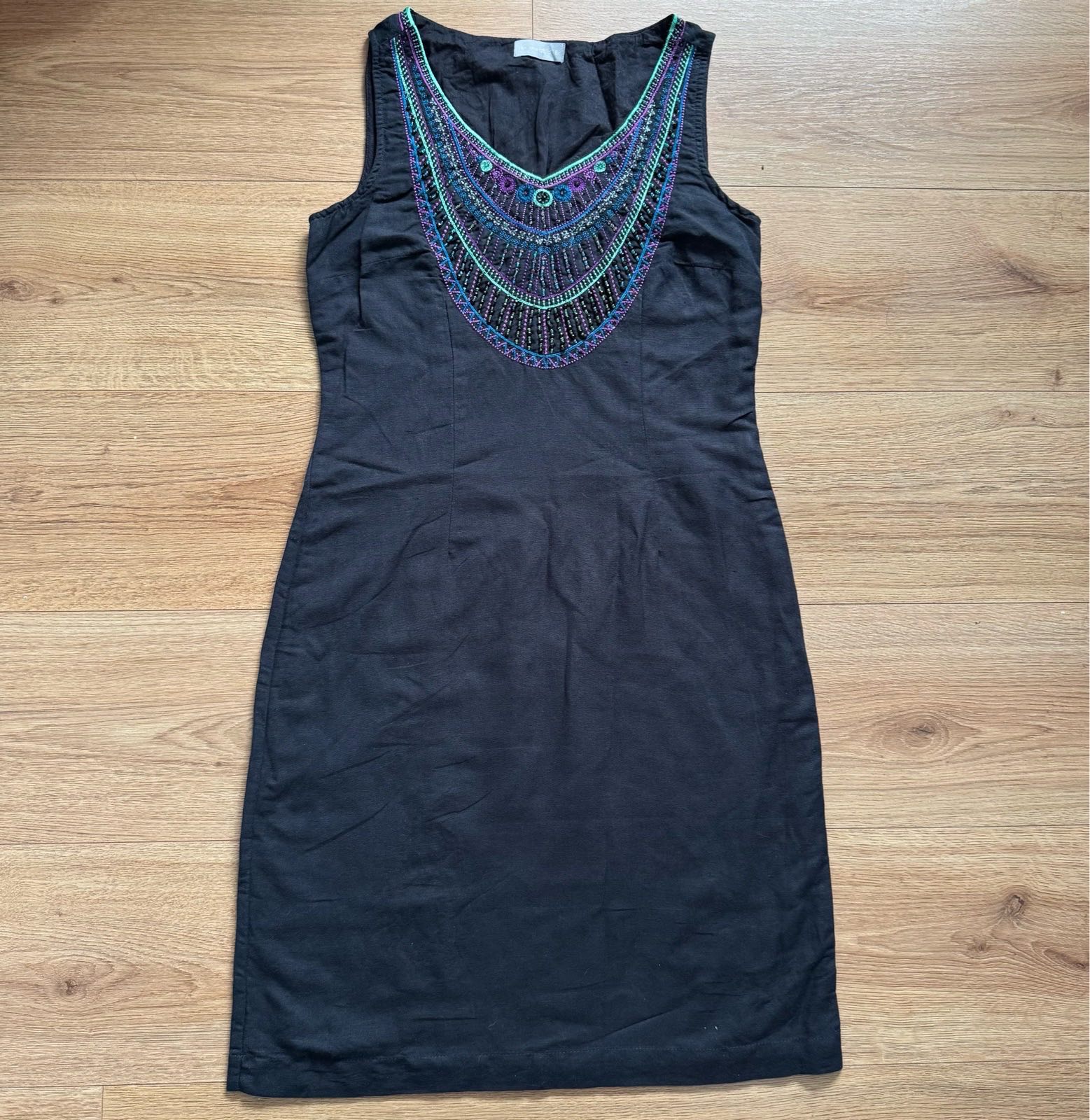 M&S Per Una Linen Cotton Blend Black Embroidered Shift Dress Size 8 Boho Bohemian Summer