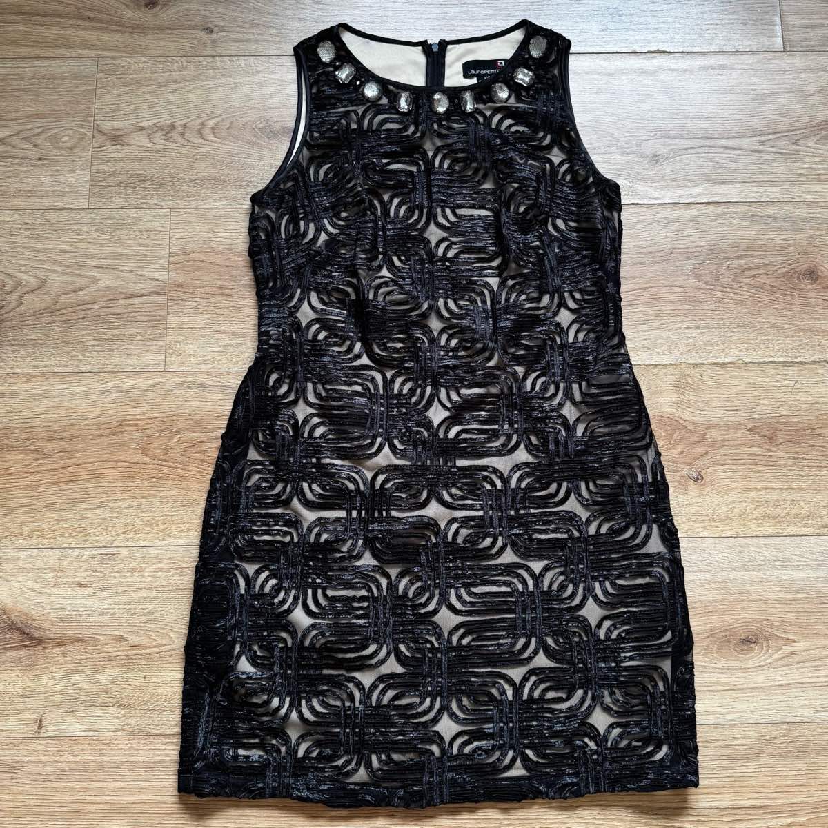 Laura Petites Embellished Jeweled Cocktail Shift Dress Swirl Ribbon Overlay Size 10 Wedding Guest Gl