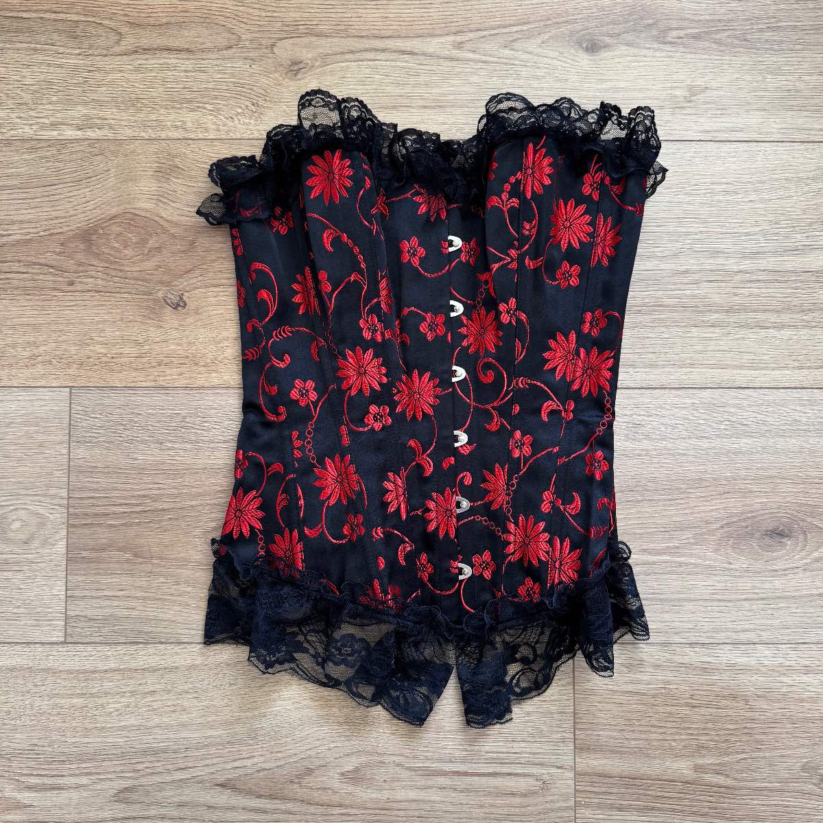 Gothic Red Floral Lace-Up Corset Top Black Pace Hem Steampunk Goth Alt Size S