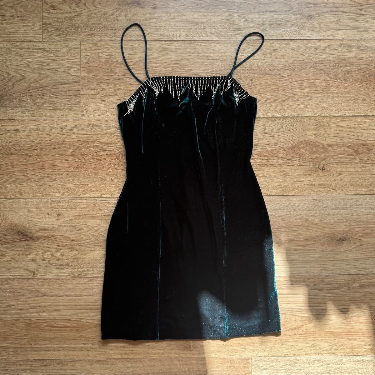 Zara Emerald Green Velvet Rhinestone Tassel Fringe Trim Bodycon Spaghetti Straps Mini Dress Size S P
