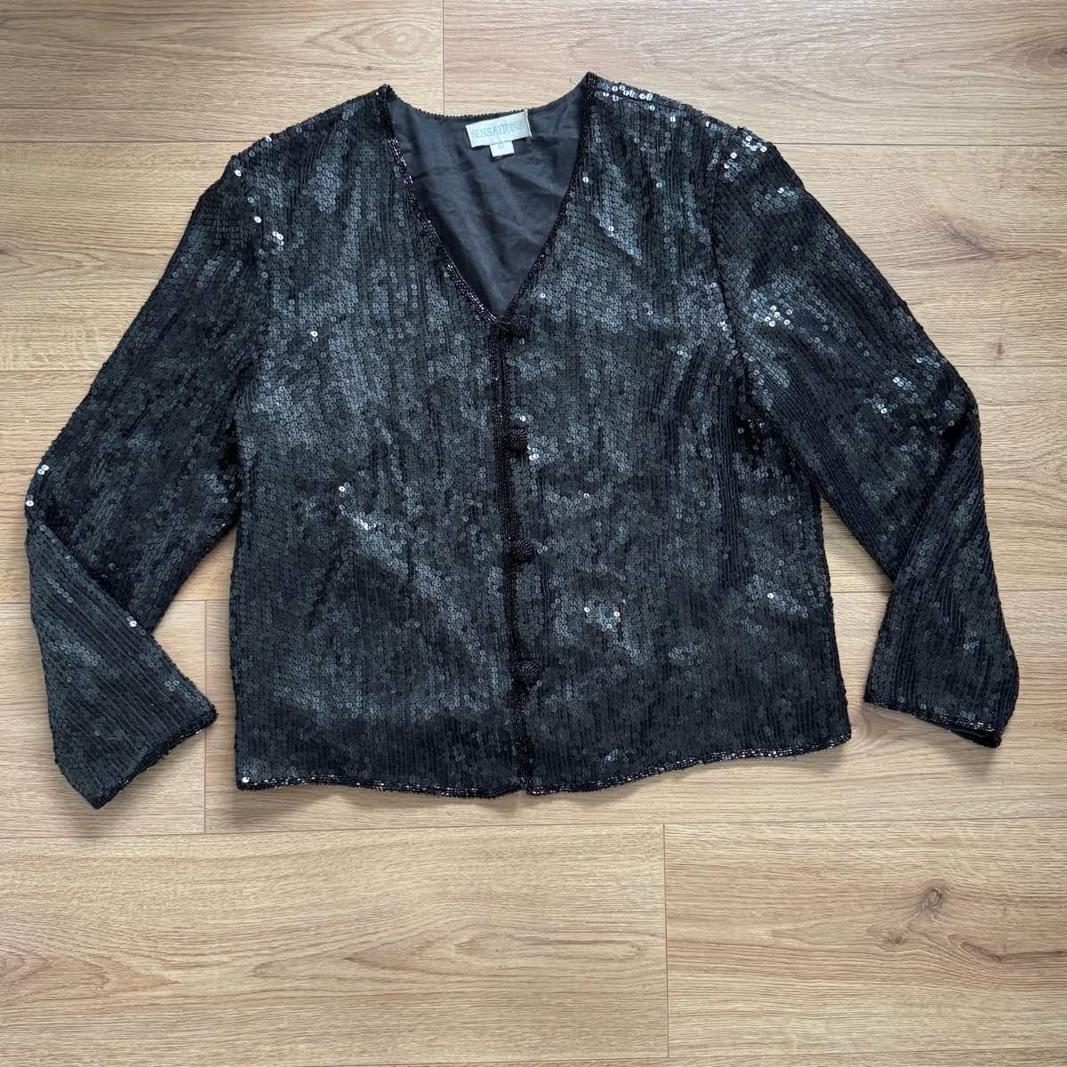 Vintage Sensations Black Sequin Party Jacket Disco Glitter Festival Size 1