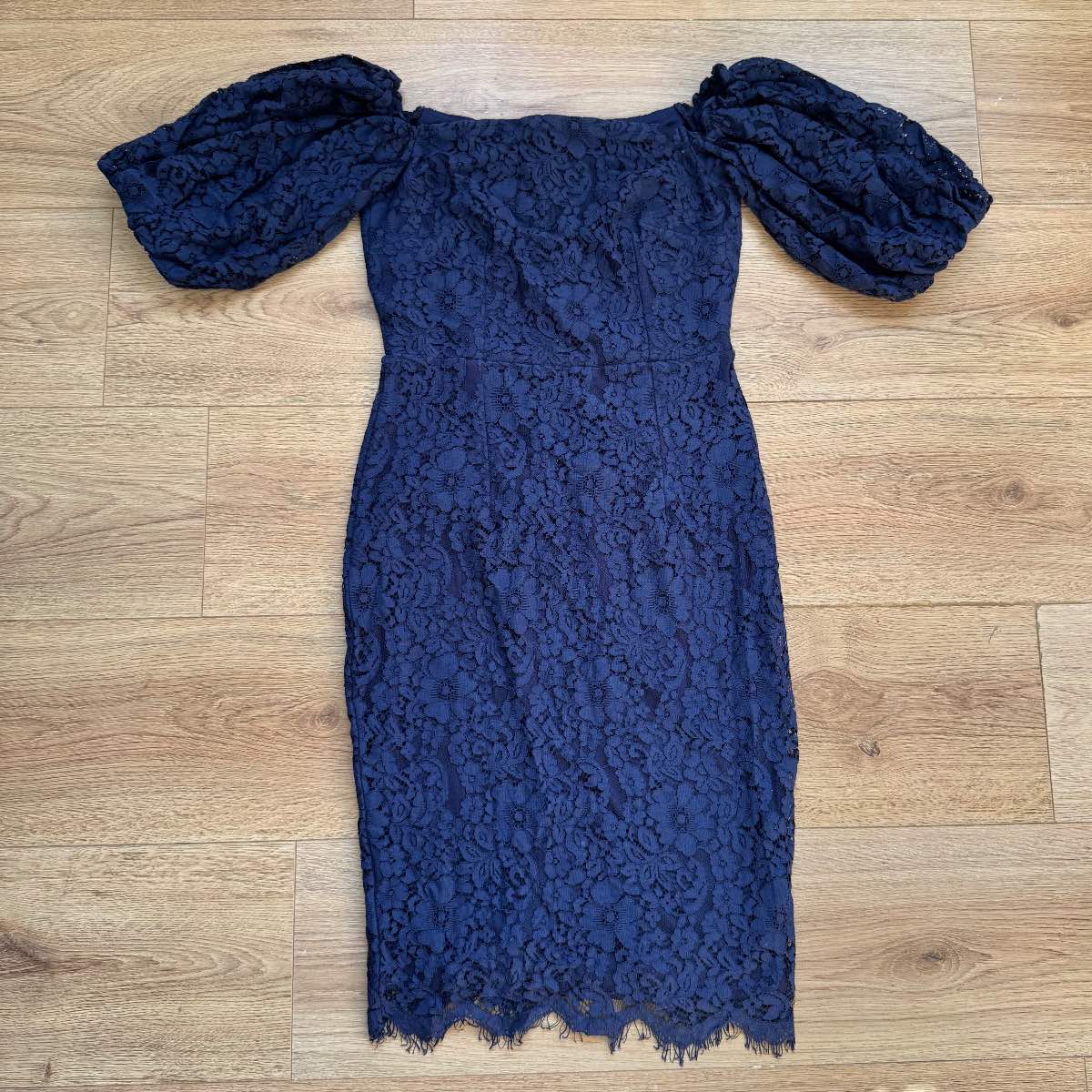 Elegant Little Mistress Navy Blue Lace Bodycon Dress Puff Sleeve Size 6 Wedding Occasion Prom