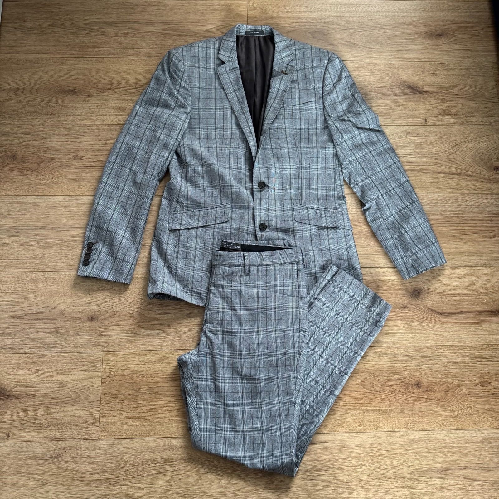 Primark Men’s Slim Fit Grey Checked Plaid 2-Piece Suit Blazer Trousers Pants Smart Casual