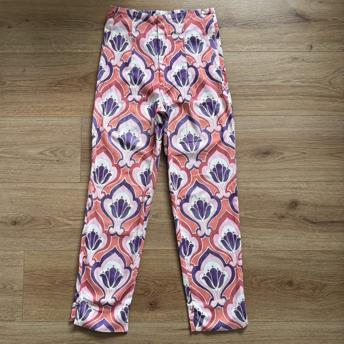 Zara High-Waisted Pink Patterned Skinny Trousers Pants - Retro Floral Print Boho Festival Size 6
