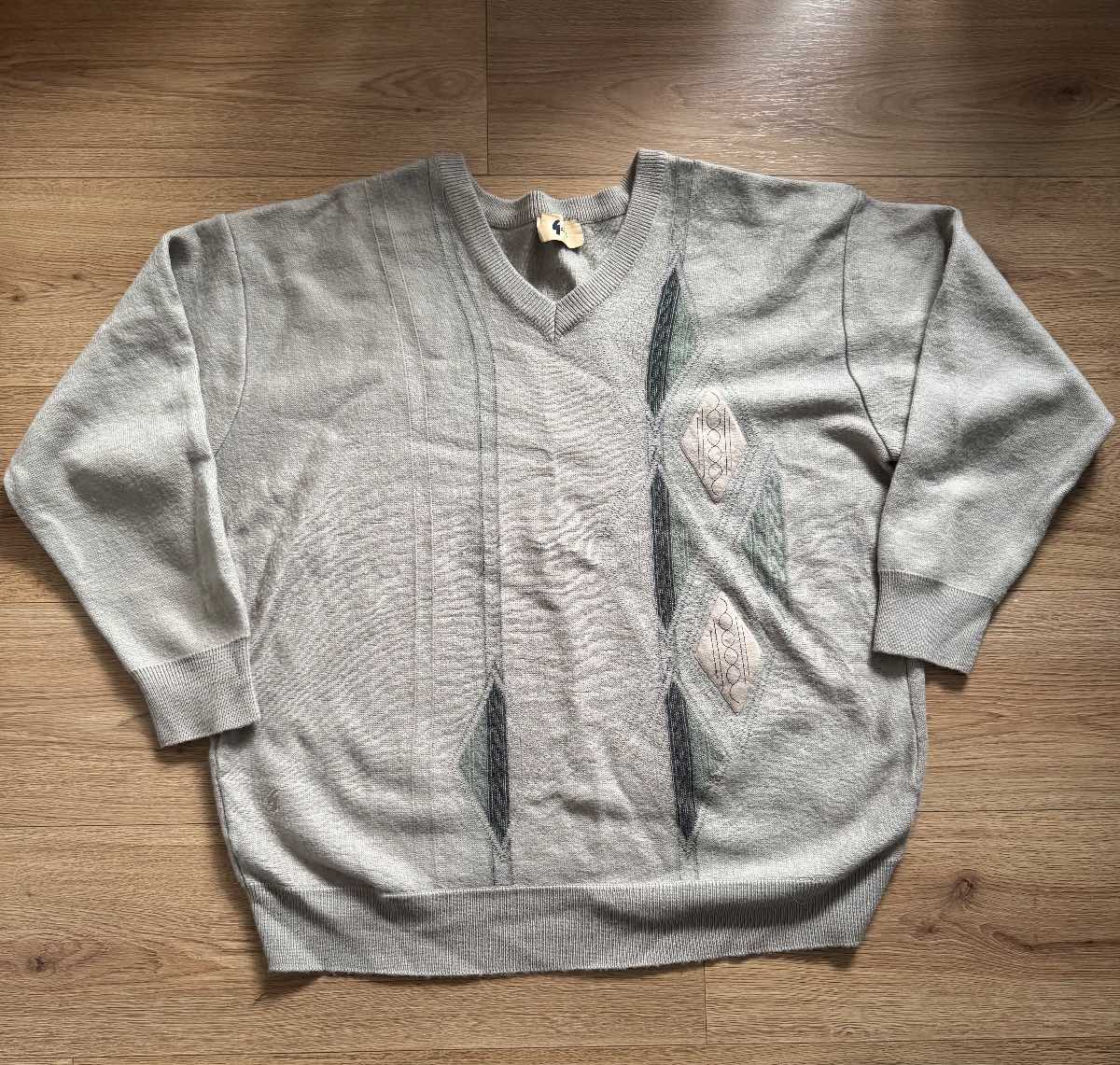 Vintage Gabicci V-Neck Jumper - Retro Argle Diamond Knit Detail Size XL Wool Blend Grandadcore Cotta
