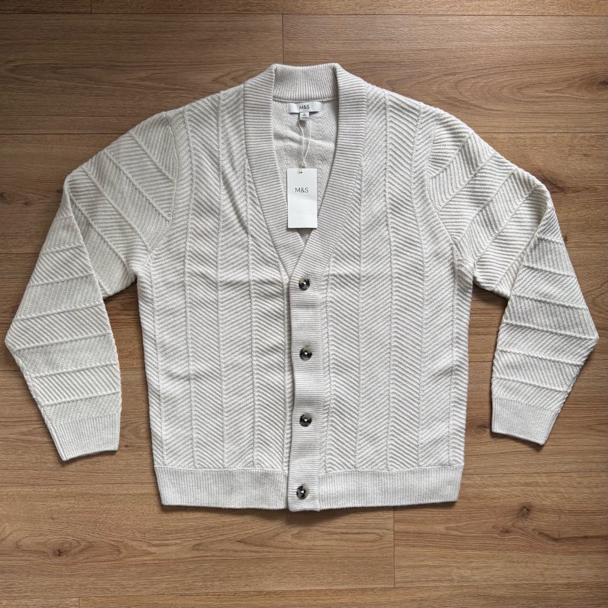 Brand New M&S Textured Cream Chevron Textured Knit Knitted Cardigan Size L