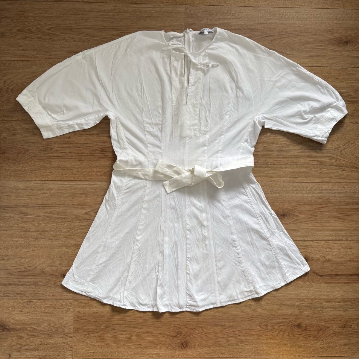 Reiss White Linen Cotton Blend Tie Front Belted Mini Dress / Tunic Puff Sleeves UK 12