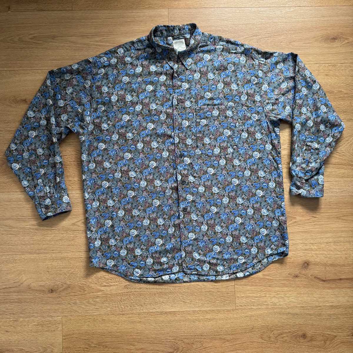 Vintage St Michael Blue Floral Button-Down Shirt Cotton Blend Size L Retro Cotttagecore Indie