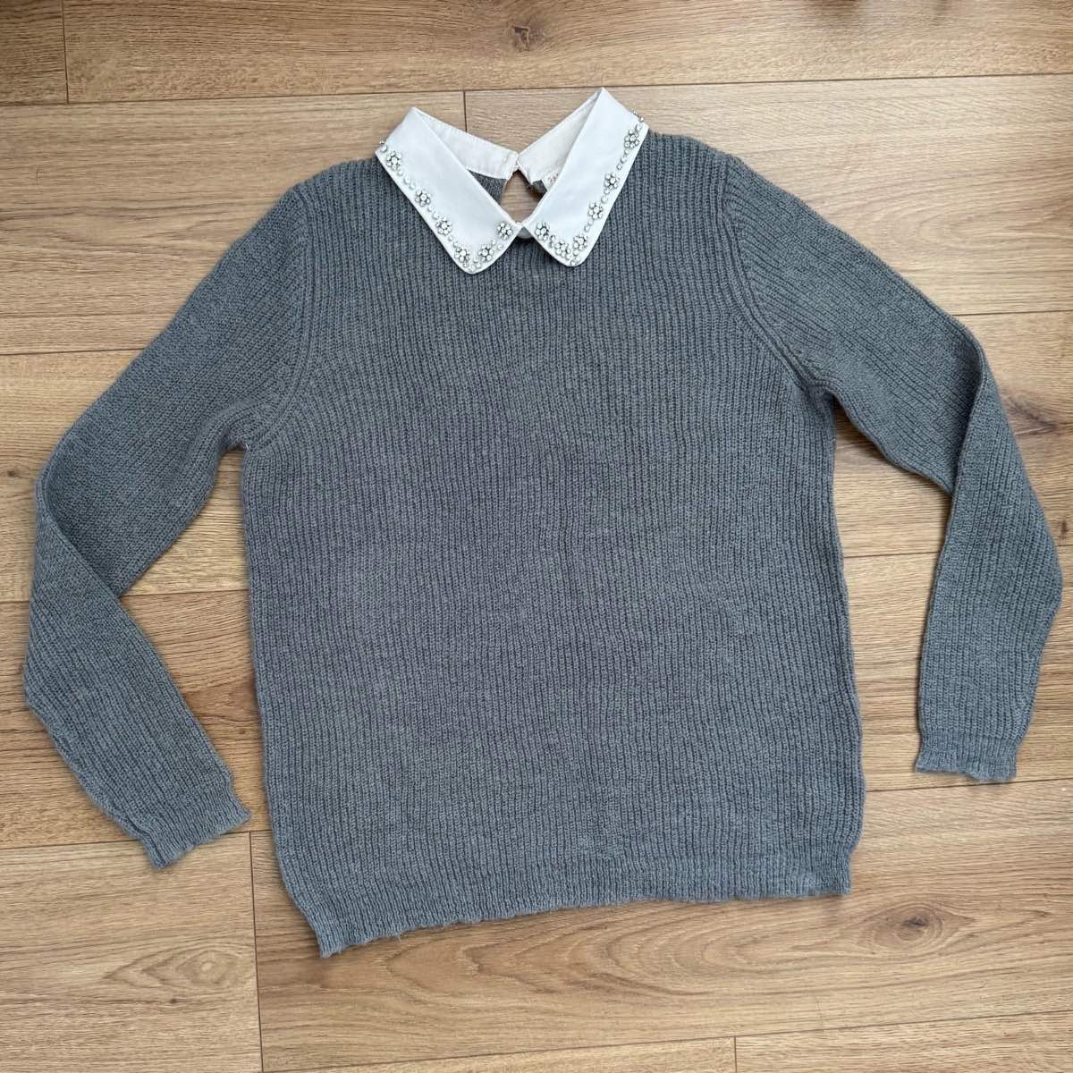 Peace N Love Grey Knit Knitted Jumper with Embellished Jewel Rhinestone Collar Size S