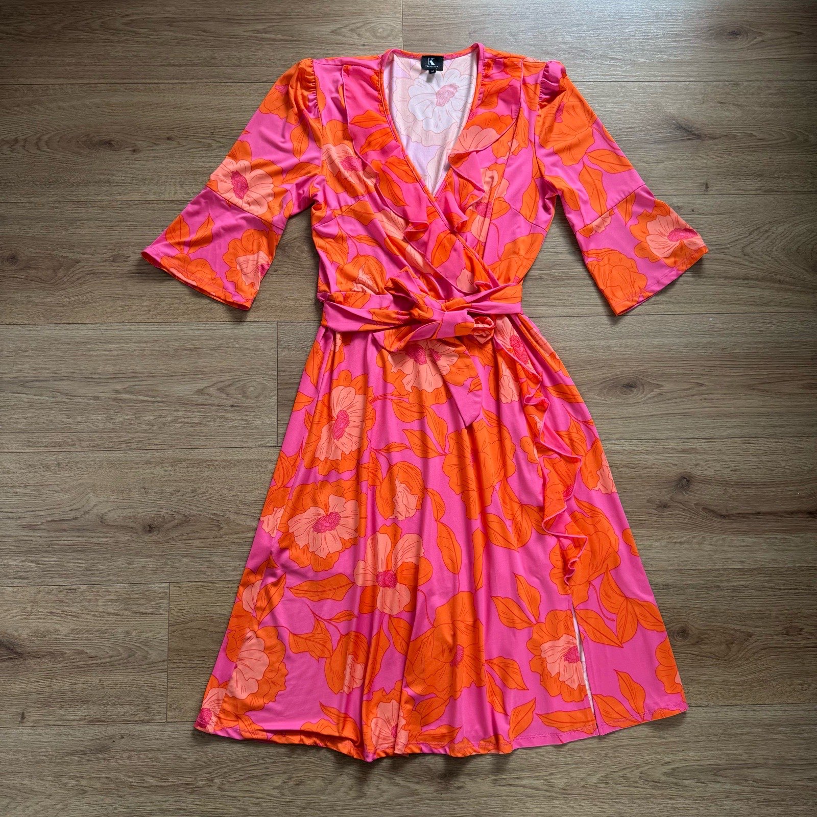 Stunning K-Design Pink & Orange Floral Wrap Dress Size M