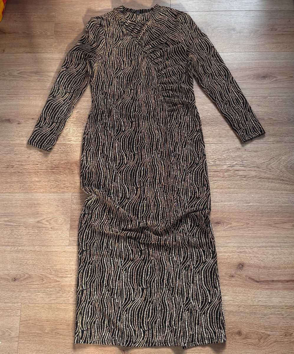 Next Disco Diva Black & Gold Shimmer Glitter Maxi Dress with Slit Size 16 Glam Festival