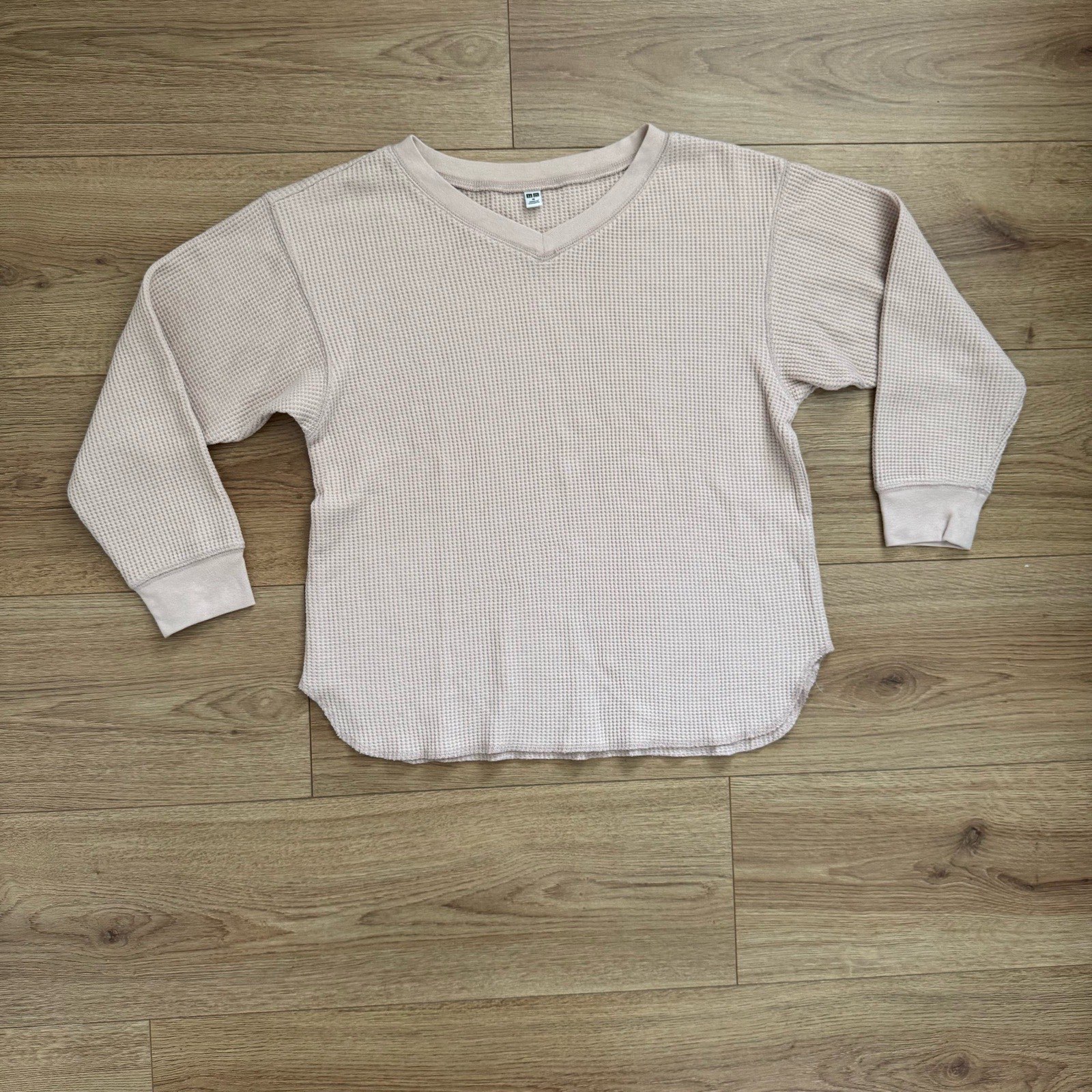 Cosy Uniqlo Blush Pink Cotton Blend Waffle Knit V-Neck Top Size M