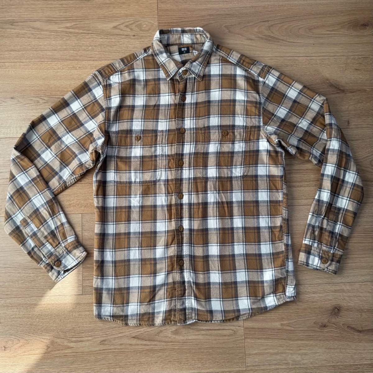 Uniqlo Heavyweight Brown Checked Plaid Cotton Flannel Shirt Size XS Lumberjack Gorpcore