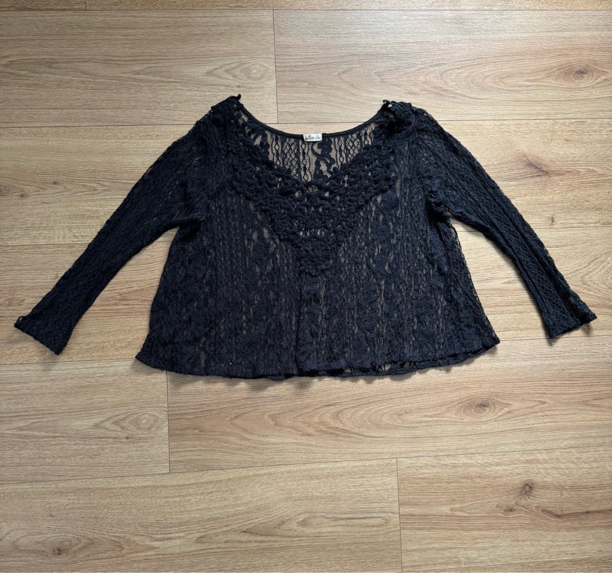 Hollister Black Lace Long-Sleeve Top Coquette Goth Cottagecore Festival Boho Size S