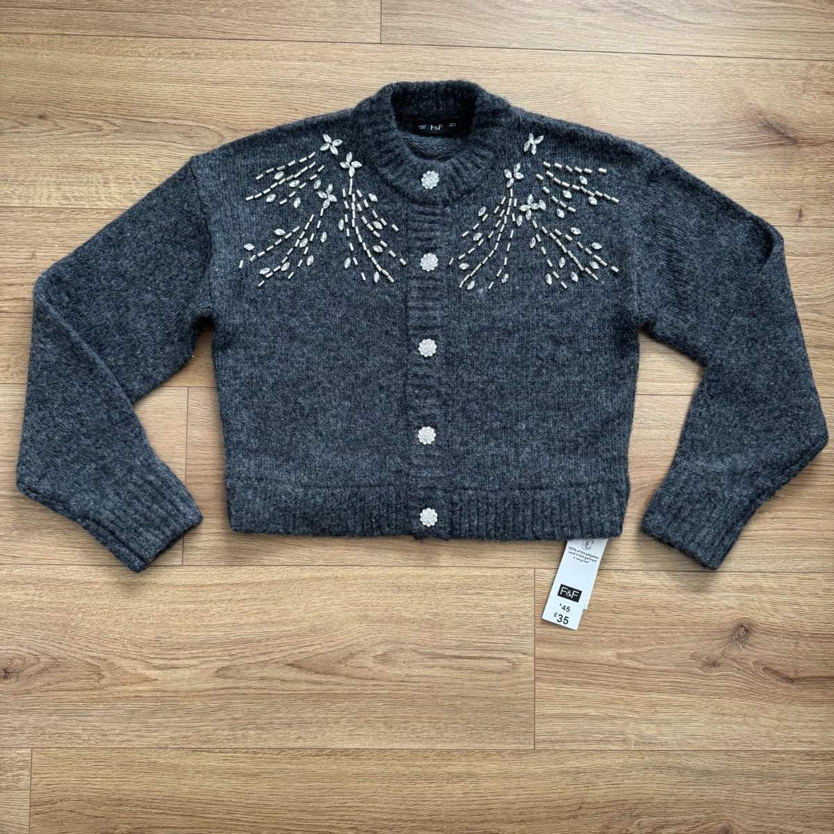 BNWT New F&F Embellished Silver Bead Jewel Knitted Knit Sparkly Grey Cardigan Size XS Glam