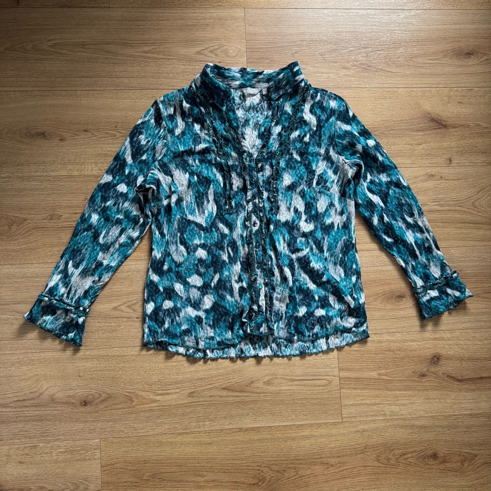 Y2K Gorgeous M&S Per Una Teal & Grey Abstract Printed Mesh Blouse Boho Size 20