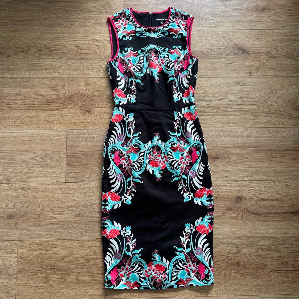Y2K Warehouse Cotton Floral Mirror Print Bodycon Pencil Wiggle Midi Dress Size 6