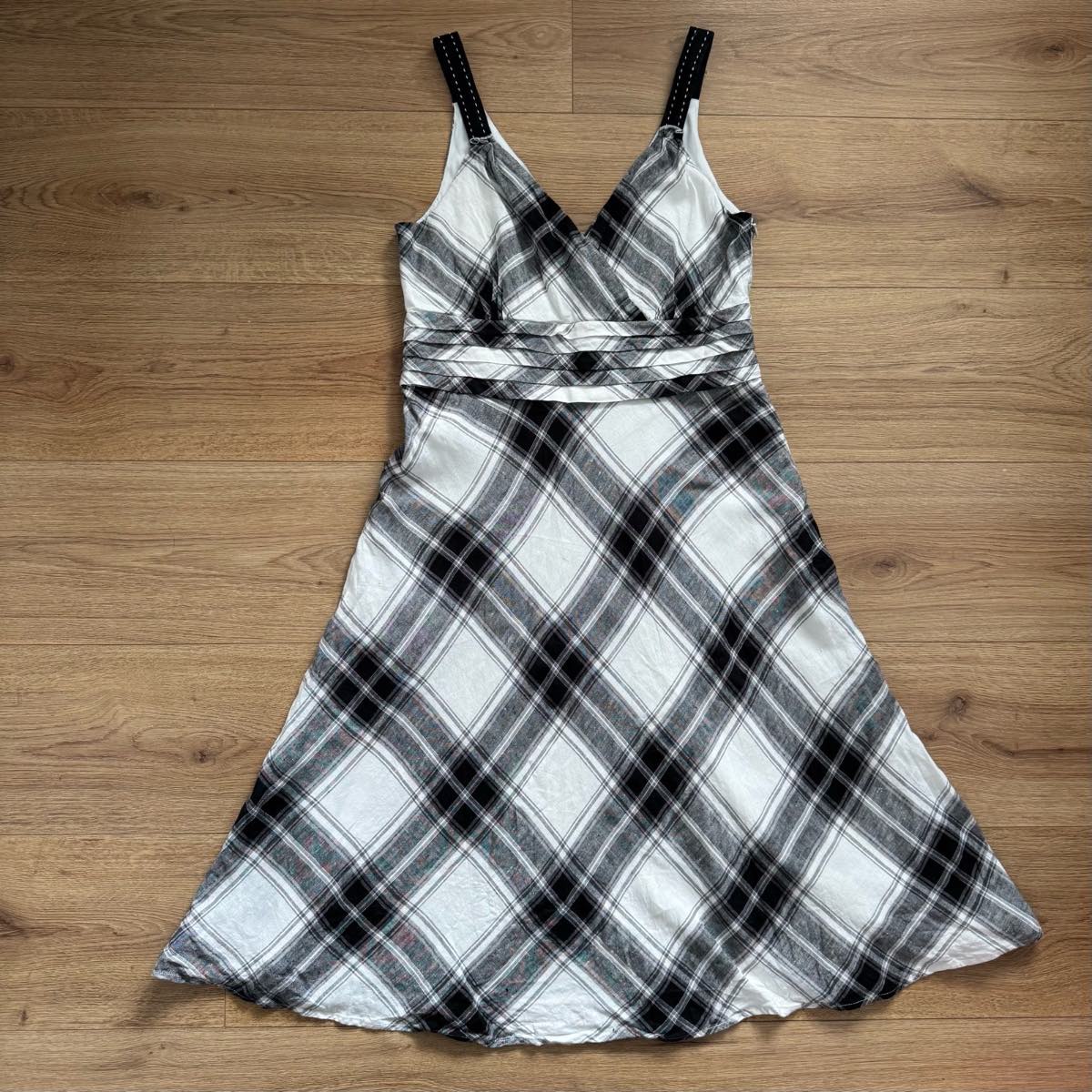 Monsoon 100% Linen Black & White Check Plaid Monochrome A-Line Midi Dress Size 12