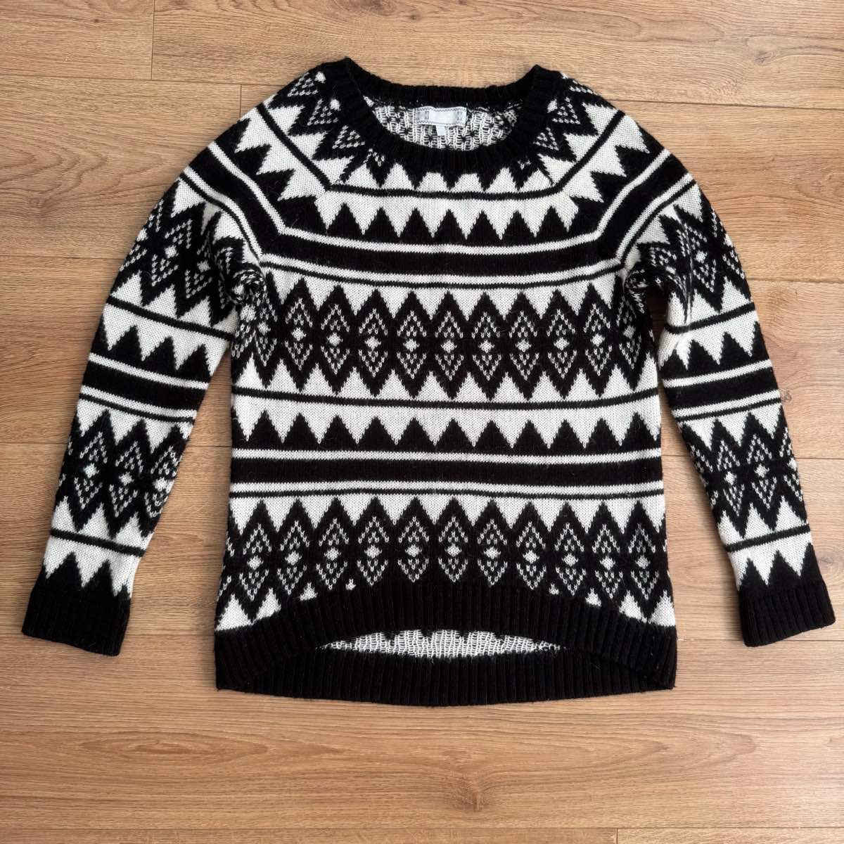 Cosy Next Monochrome Black & White Geometric Nordic Fair Isle Knit Knitted Wooly Jumper Size 12 Boho