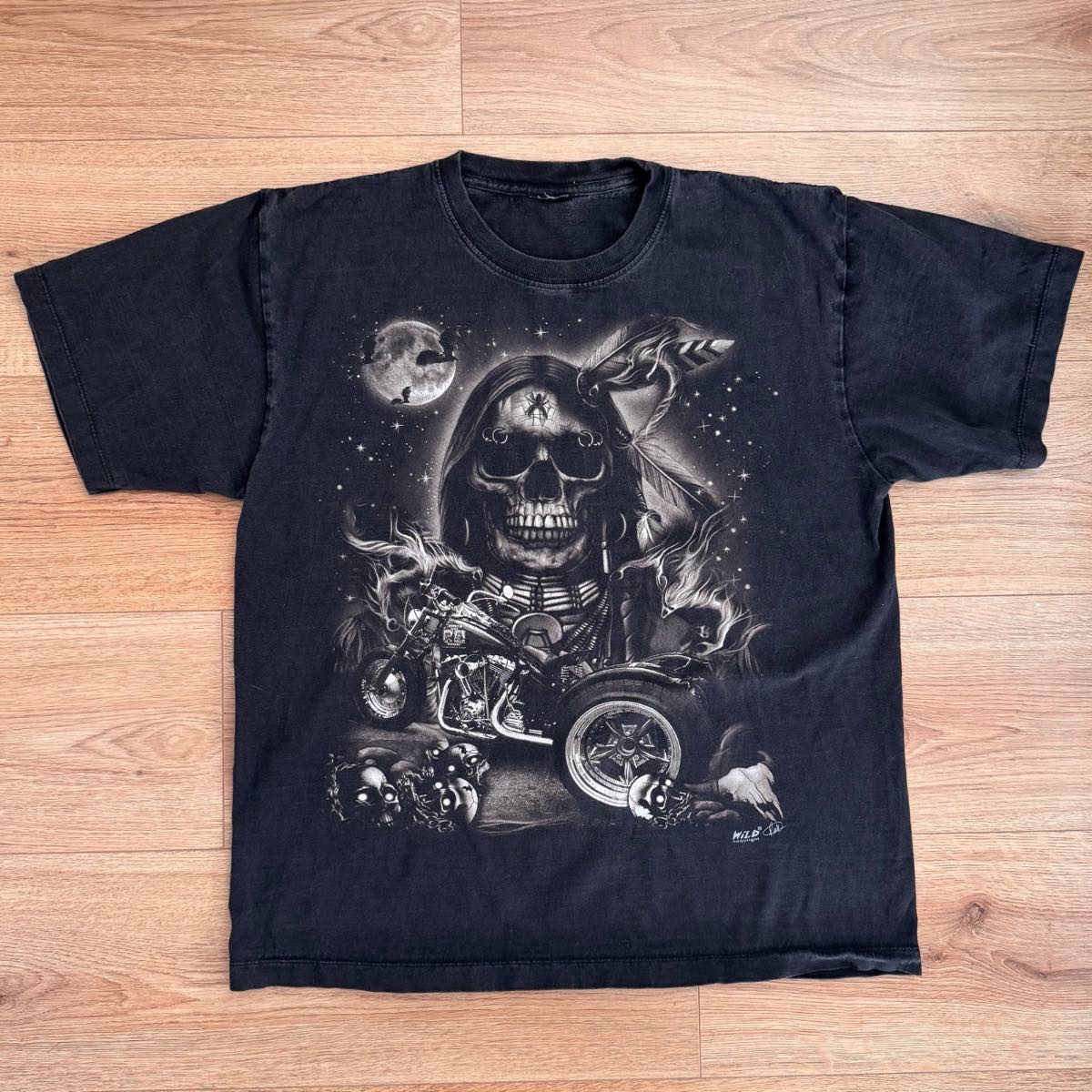 Y2K Style Rock Chang Black Biker/Gothic Skull Grim Reaper Graphic T-Shirt Size M Grunge Goth