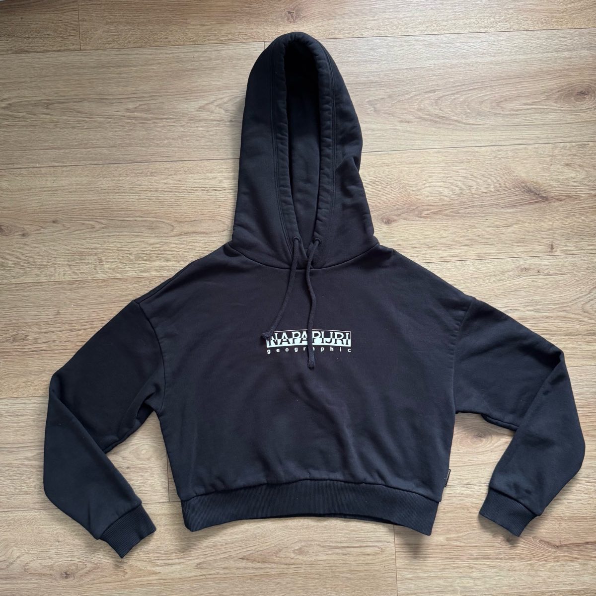 Napapijri Black Cropped Graphic Hoodie Jumper Gorpcore Size XS