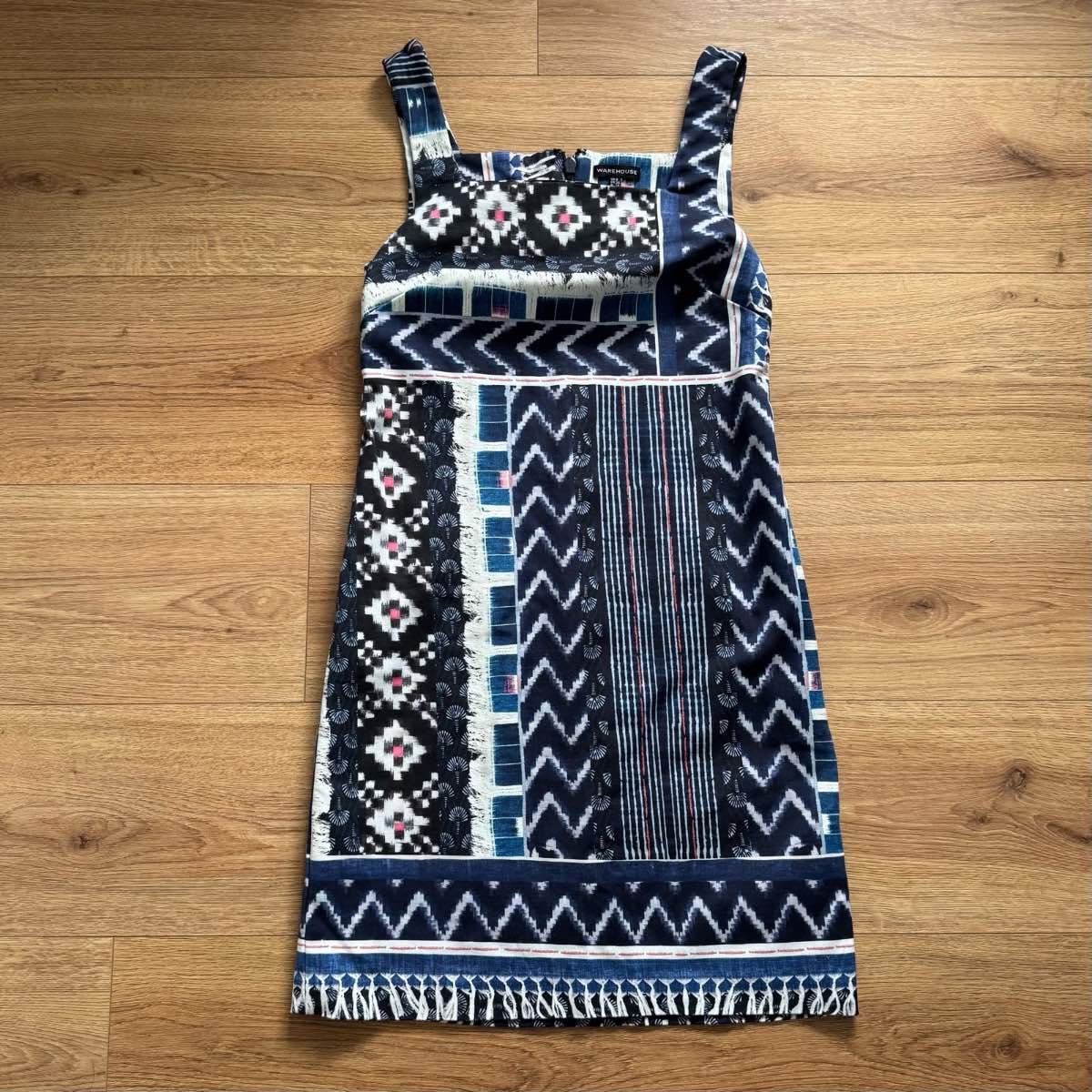 Warehouse Ikat Geometric Aztec Tribal Print Mini Cotton Dress Boho Size 8 Summer Holiday Boho Festiv