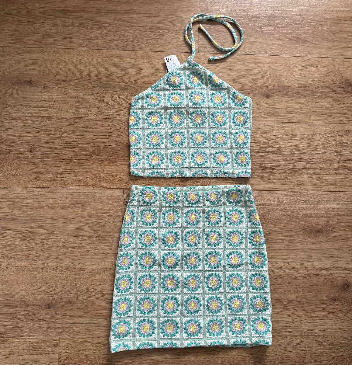 Primark Retro Floral Co-ord Set Halter Neck Crop Top & Mini Pencil Skirt Boho Festival
