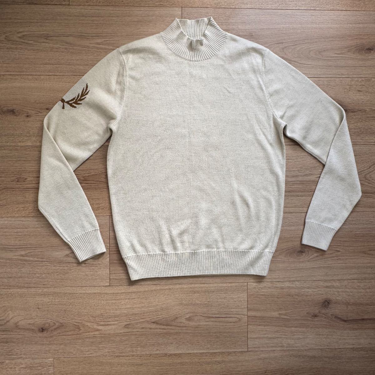 Fred Perry Wool Blend Cream High Neck Knit Knitted Jumper Sweater Mod Style