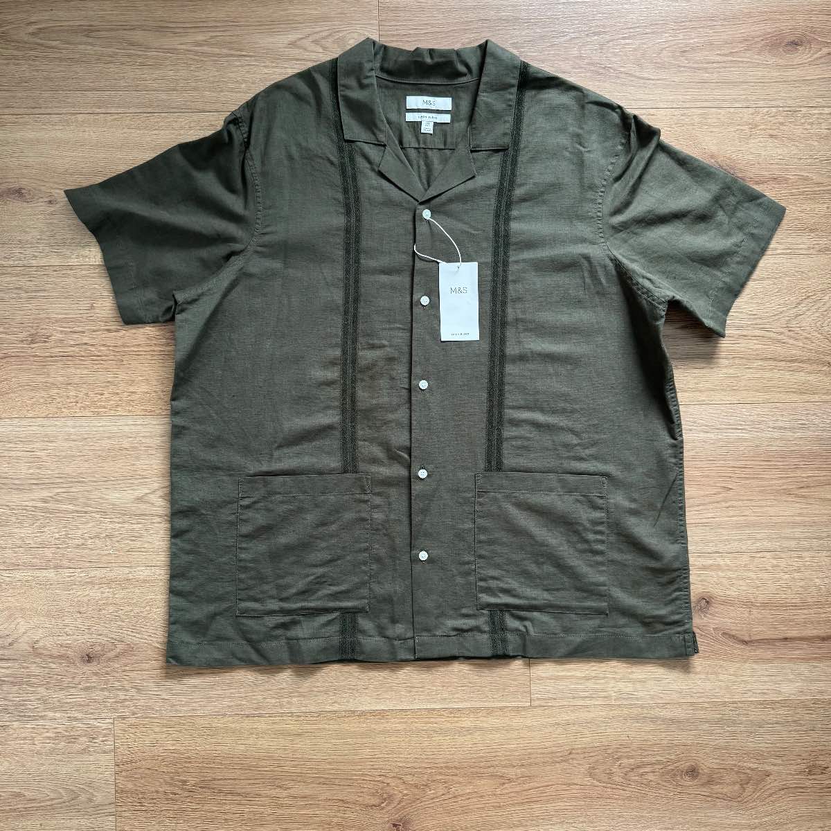 Brand New M&S Linen Blend Khaki Cuban Revere Collar Shirt