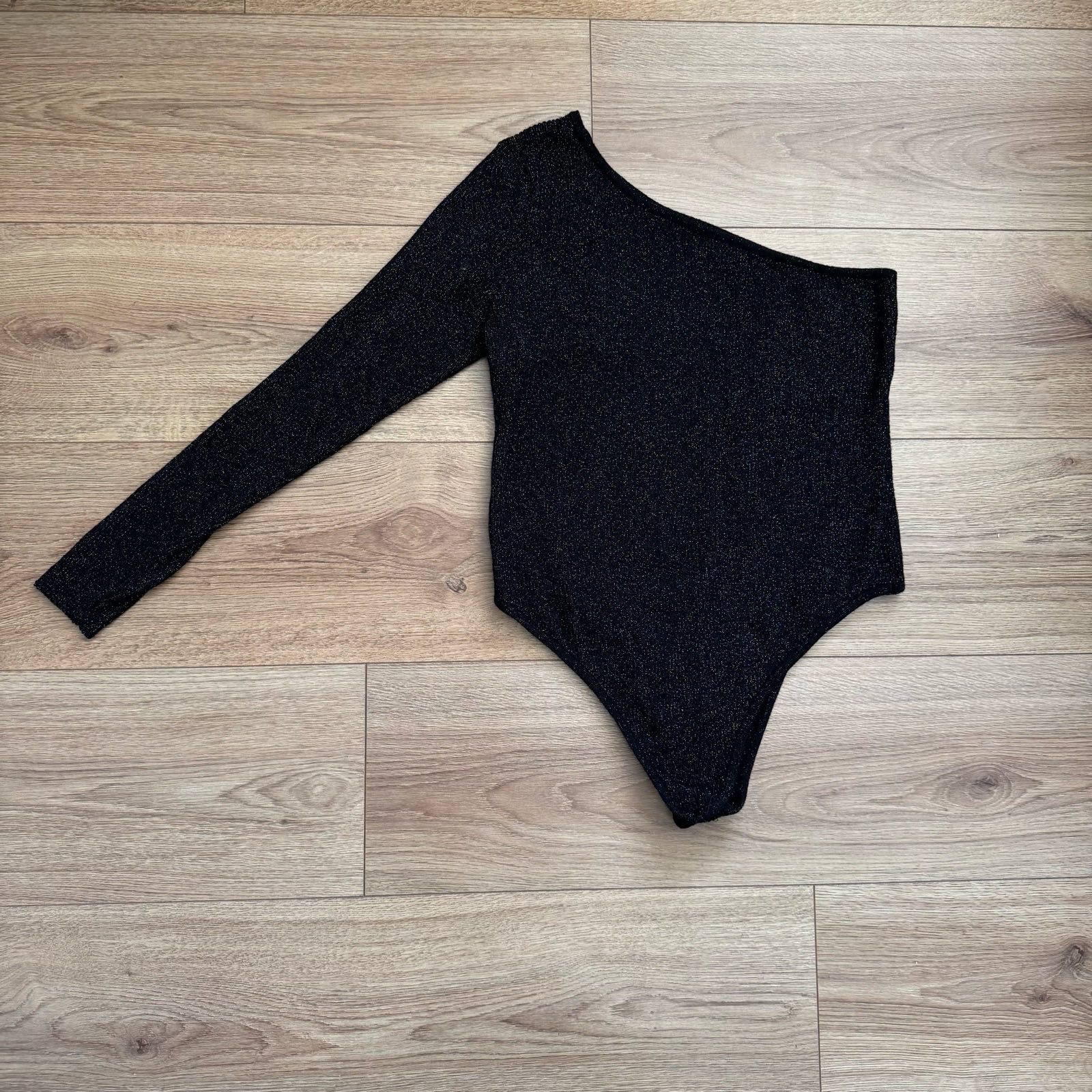 Stunning Black Knit Shimmer Glitter One-Shoulder Bodysuit – Size UK 14/16 (Large)