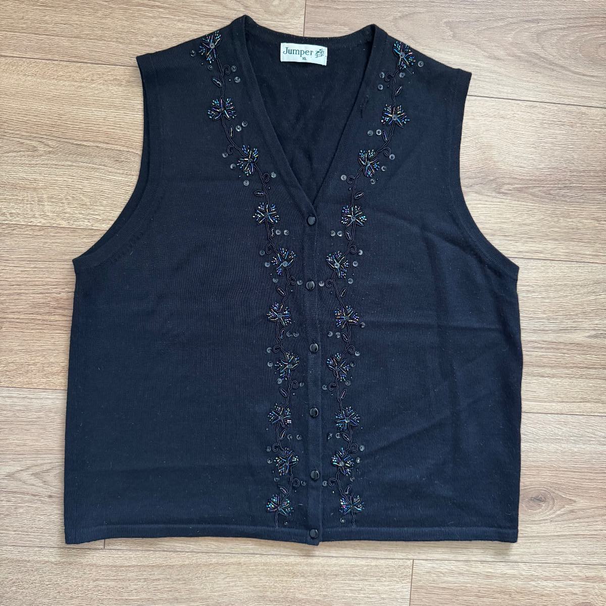 Vintage Black Beaded Knitted Wool Blend Waistcoat / Cardigan Vest - Size XL Coquette Fairycore
