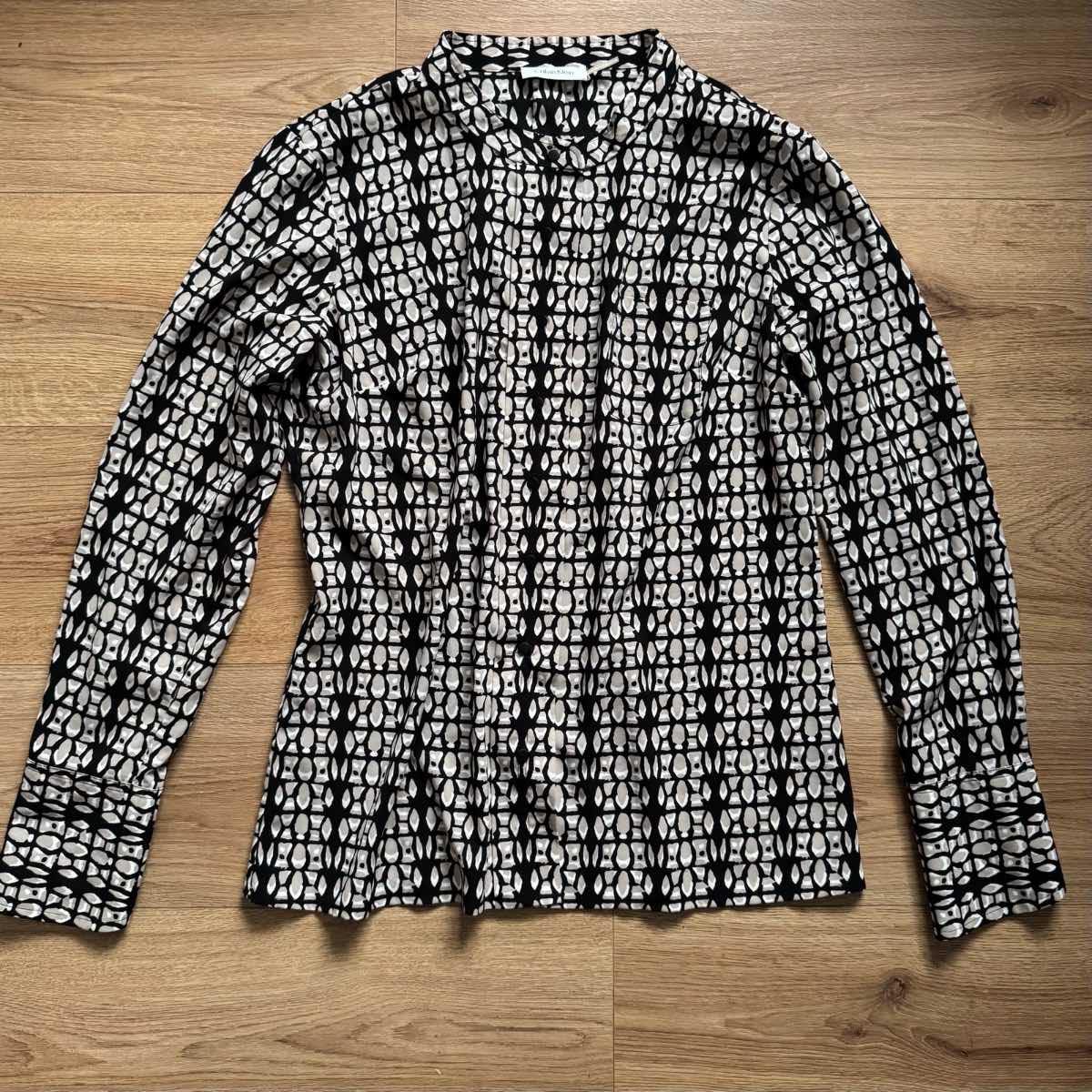 Calvin Klein Black & White Monochrome Geometric Print Long Sleeve Blouse Top - Size L Office Work