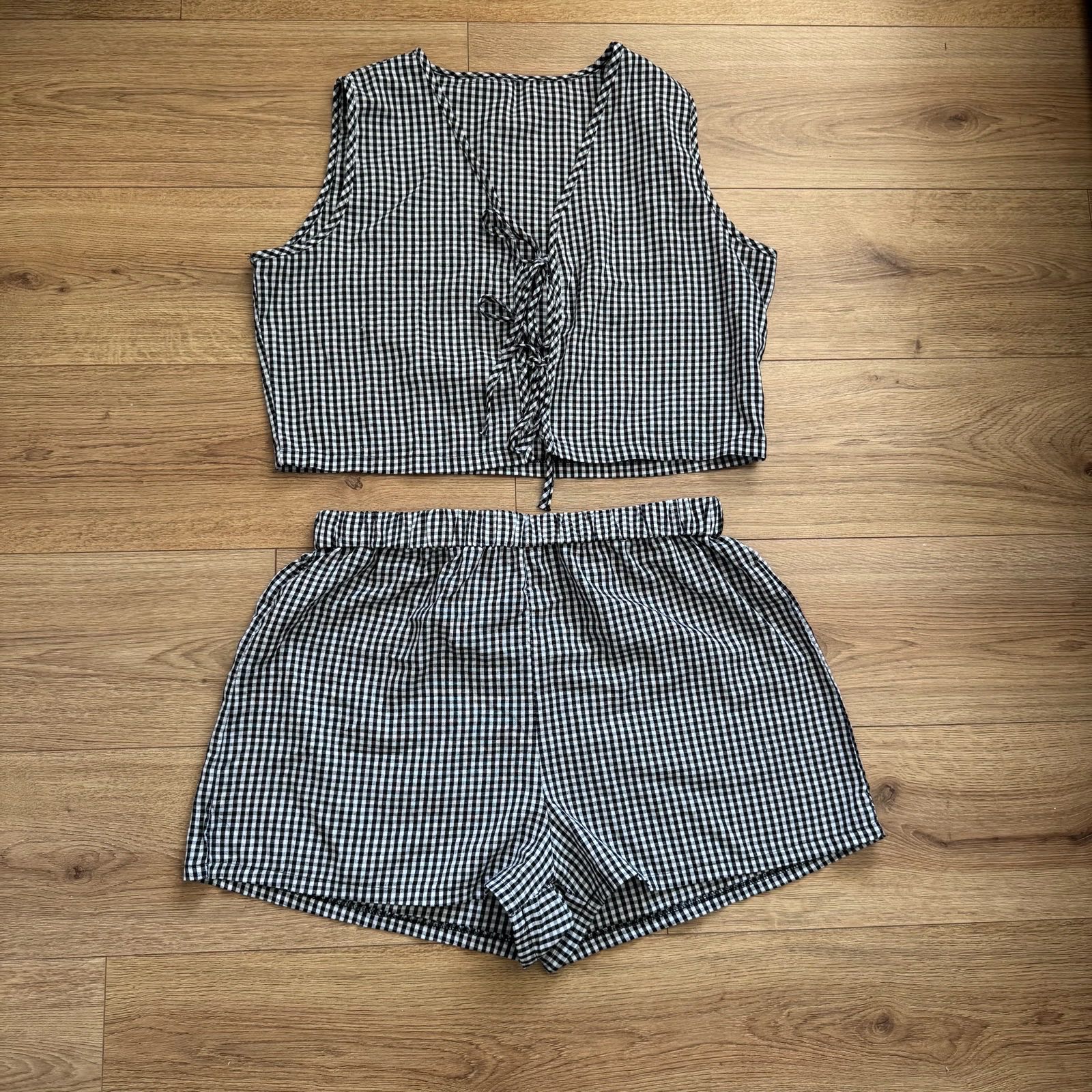 Monochrome Gingham Tie-Front Top & Shorts Set Co-Ord Size XL Country Western
