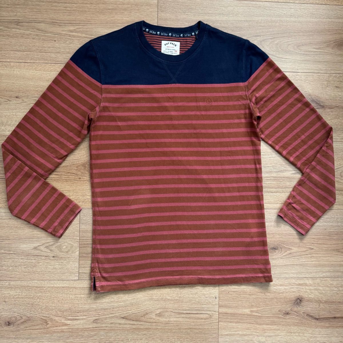 Fat Face Men’s Cotton Burgundy Stripe Long Sleeve Striped Crew Neck Top Size S Preppy Heritage