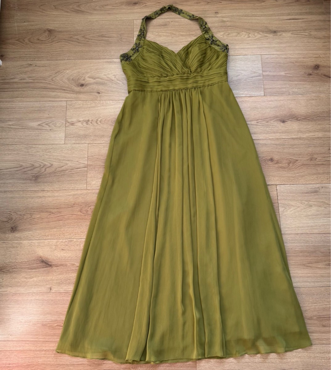 Vintage Olive Green Chiffon Halterneck Sweetheart Bodice Maxi Dress De Laru Collection Grecian Weddi