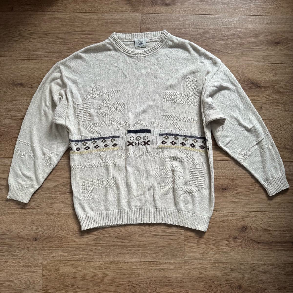 Vintage Gardeur Textured Knit Jumper - Cream/Beige Geometric Print Size XL Grandadcore Grandpacore