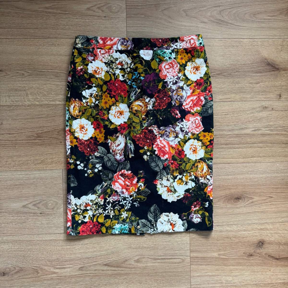 M&S Bold Cotton Floral Botanical Midi Pencil Skirt Smart Casual Size 10
