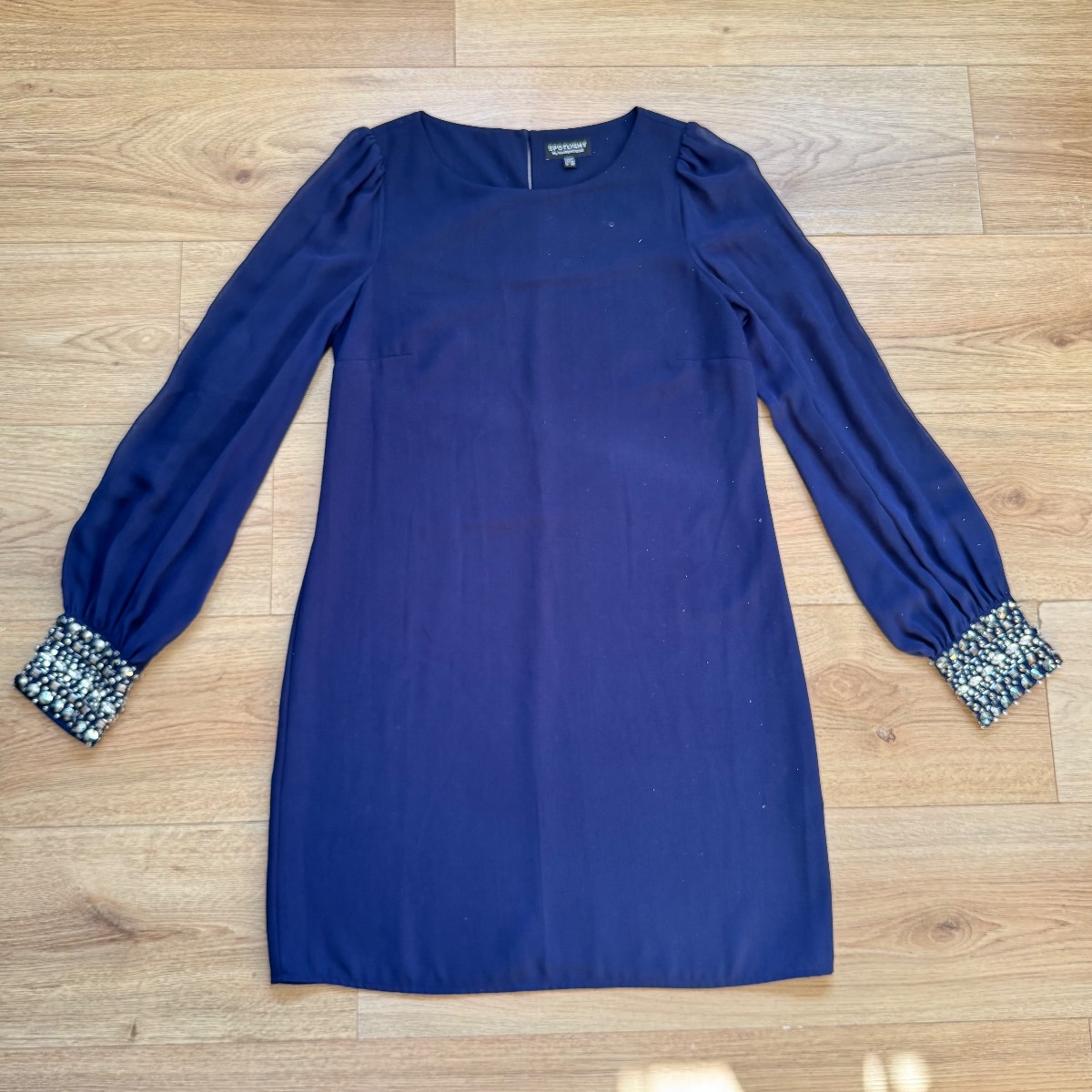 Elegant Warehouse Navy Shift Dress Embellished Cuffs Balloon Sleeve Size 10 Wedding Party