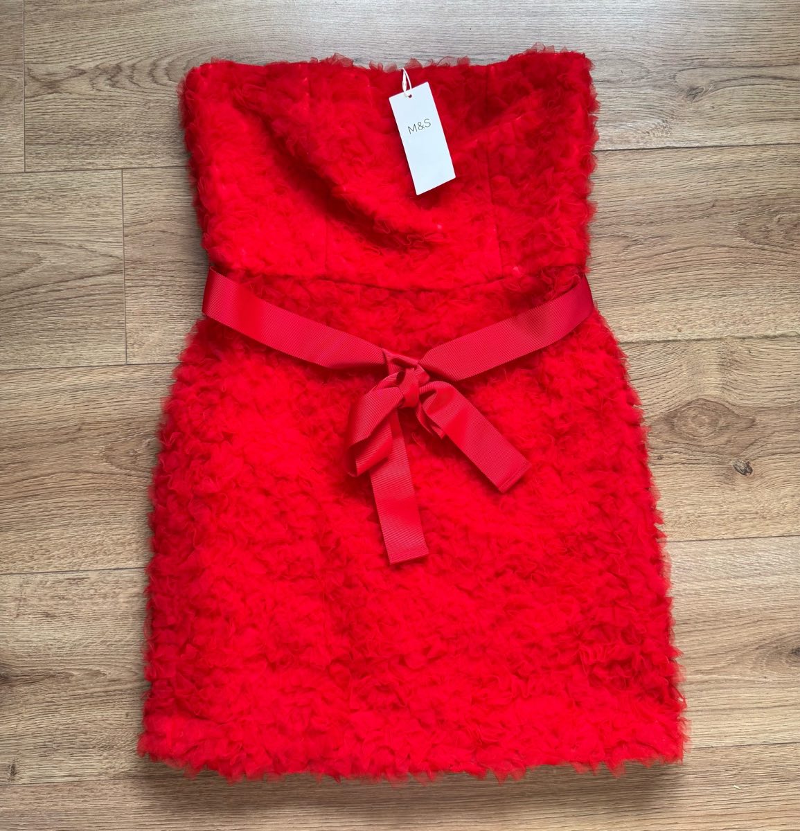 Brand New M&S Red Textured Floral Strapless Bandeau Mini Dress Size 10 Coquette Glam