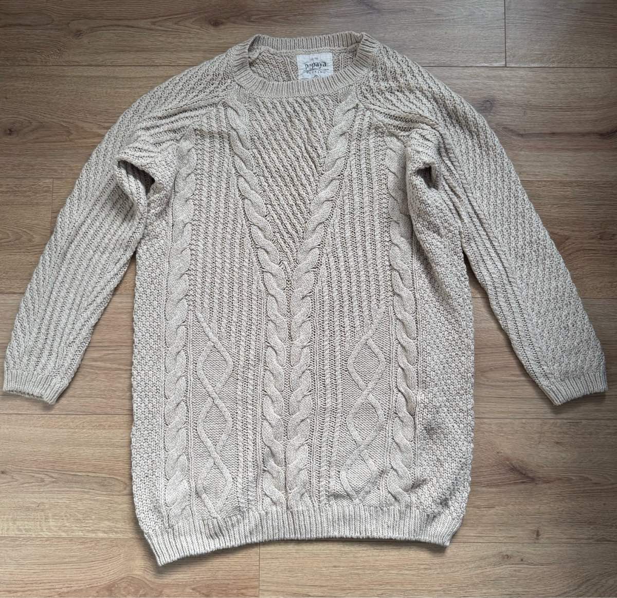Cozy Beige Papaya Cable Knit Knitted Sweater Jumper Size L Wool Blend Neutral